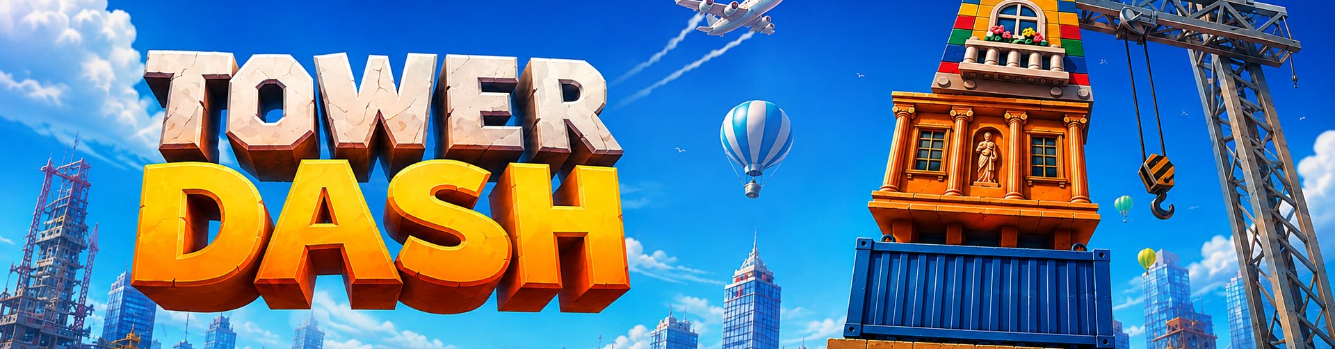 Banner zum Spiel Tower Dash von INOUT Games: gestapelter Blockturm und Baukran über einer Stadt